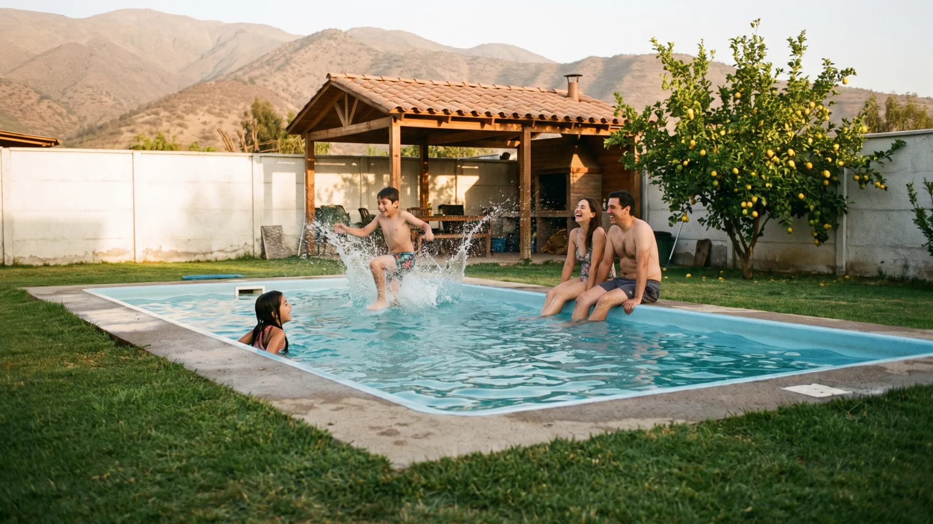 Una familia en el patio de su casa, junto a una piscina rectangular de fibra de vidrio